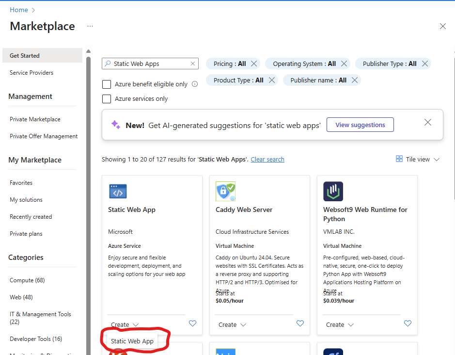 Azure Create Static Web App Menu