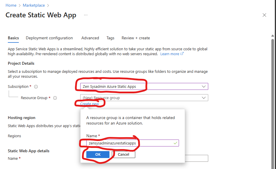 Azure Create Static Web App Menu 1