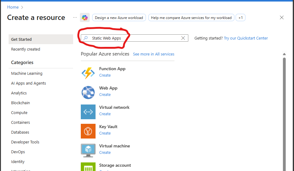 Azure Create a Resource Menu Search for Static Web Apps