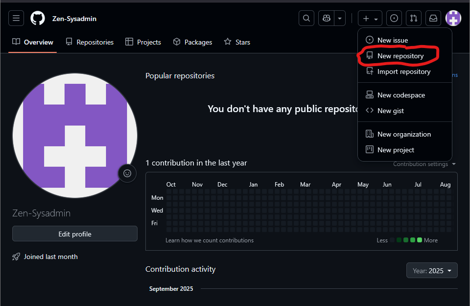 GitHub New Repository Menu