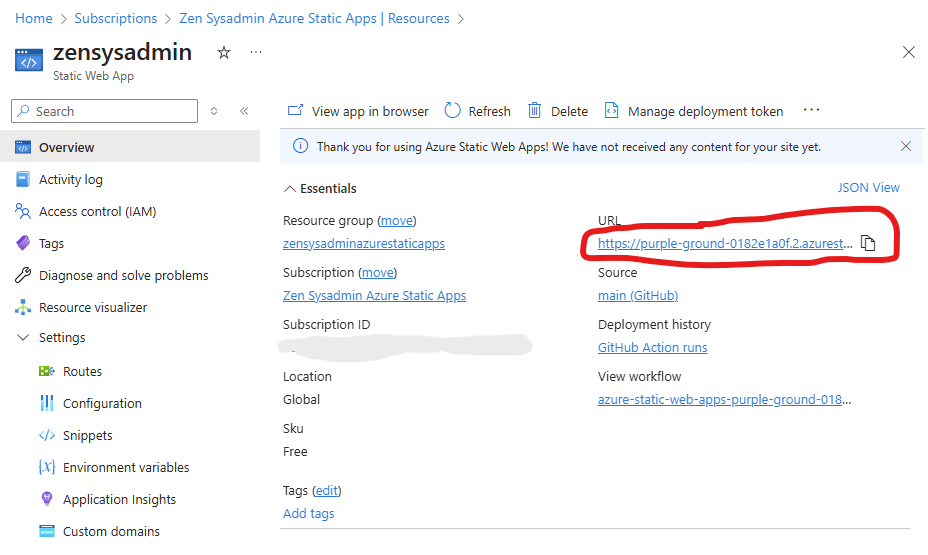 Newly Created Azure Static Web App URL